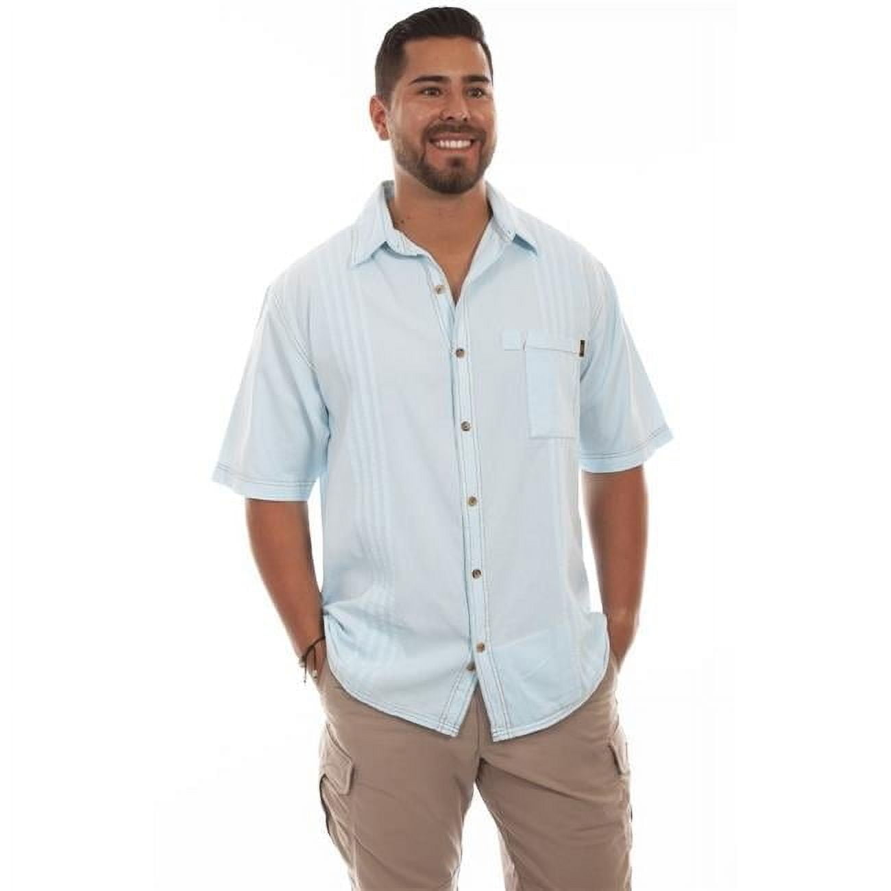 Scully Men's Distressed Black Cotton Traveler Short Sleeve Shirt - Western Style, Point Collar, Chest Pocket