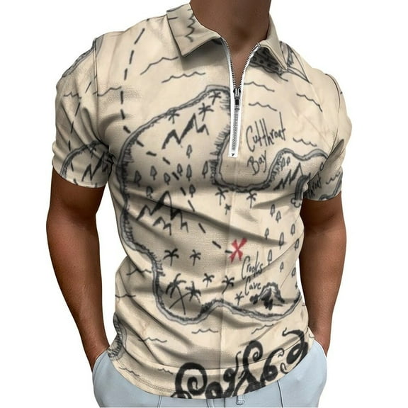 The Treasure Map Men Zipper T-shirt Summer Casual Short Sleeve T-shirt Top