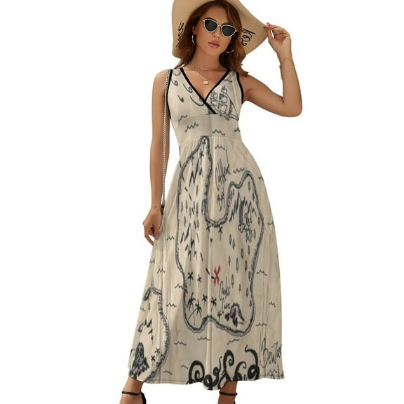 The Treasure Map Womens Night Club Maxi Dress V Neck Sleeveless Bohemia Long Dresses