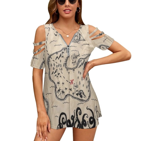 The Treasure Map Womens Summer V Neck Zipper Top Short Sleeve T Shirt Off Shoulder Top Casual Classy Loose Shirts