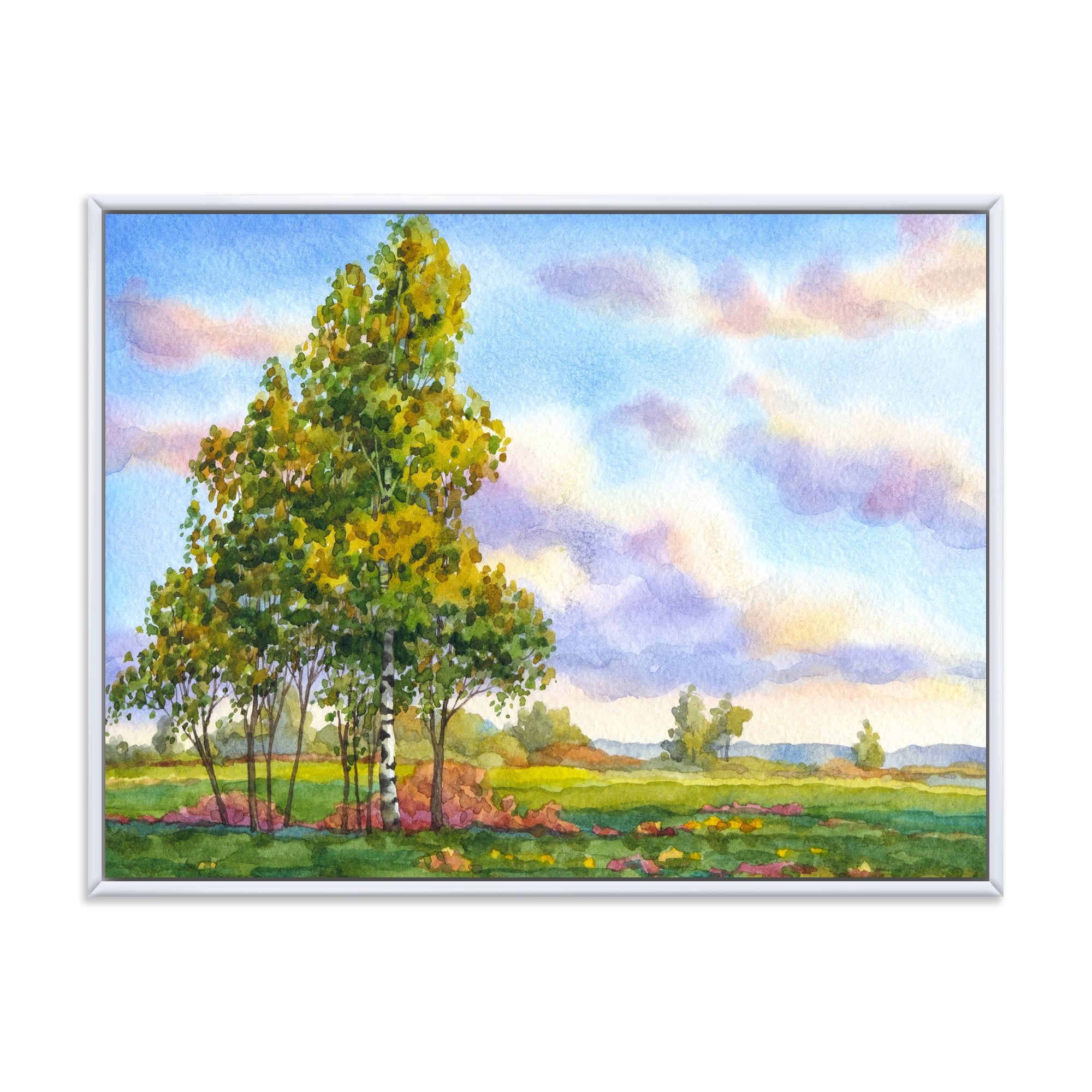 The Trees In The Evening Landscape Field 32 in x 16 in Framed Painting Canvas Art Print, by Designart