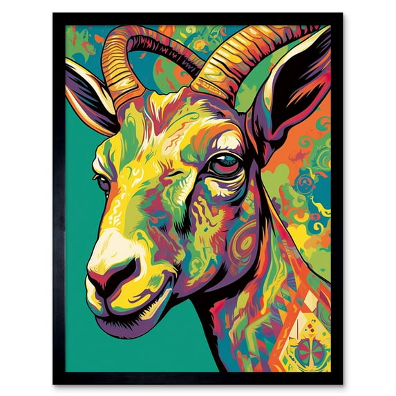 The Trippy Goat Psychedelic Portrait Vibrant Colourful Patterns Modern Pop Art Art Print Framed Poster Wall Decor 12x16 inch