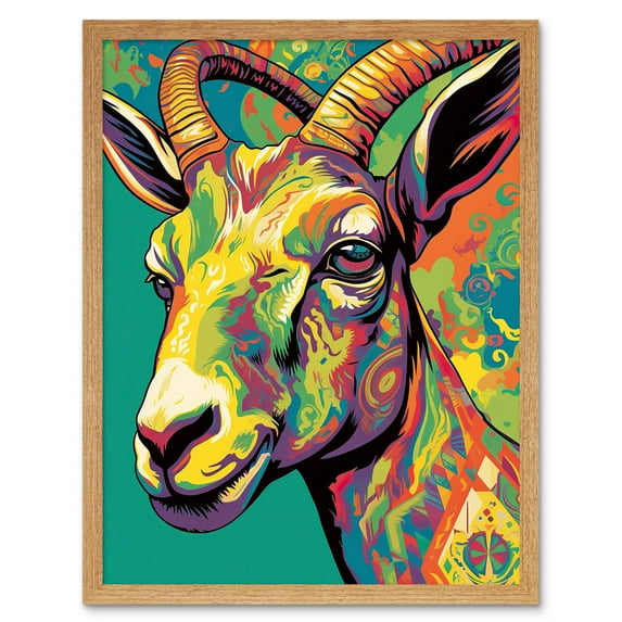 The Trippy Goat Psychedelic Portrait Vibrant Colourful Patterns Modern Pop Art Art Print Framed Poster Wall Decor 12x16 inch