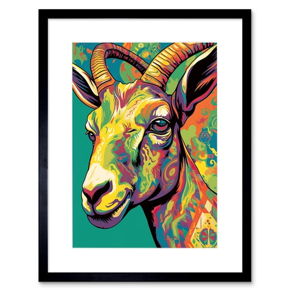 The Trippy Goat Psychedelic Portrait Vibrant Colourful Patterns Modern Pop Art Artwork Framed Wall Art Print 9X7 Inch