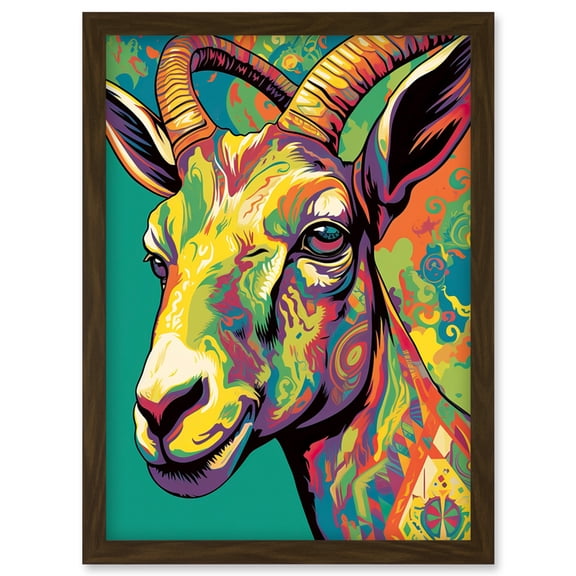 The Trippy Goat Psychedelic Portrait Vibrant Colourful Patterns Modern Pop Art Artwork Framed Wall Art Print A4
