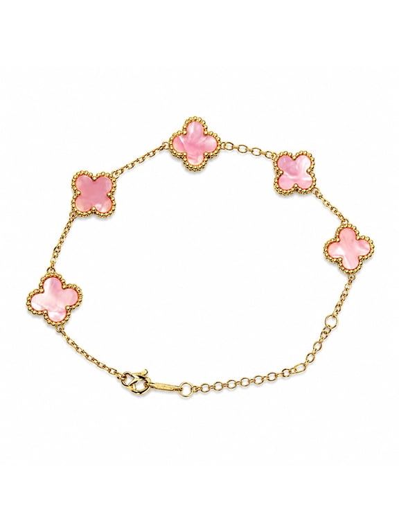 Gold-Tone Pink Clover Bracelet for Women, Elegant Floral Charm Chain Bracelet with Adjustable Lobster Clasp