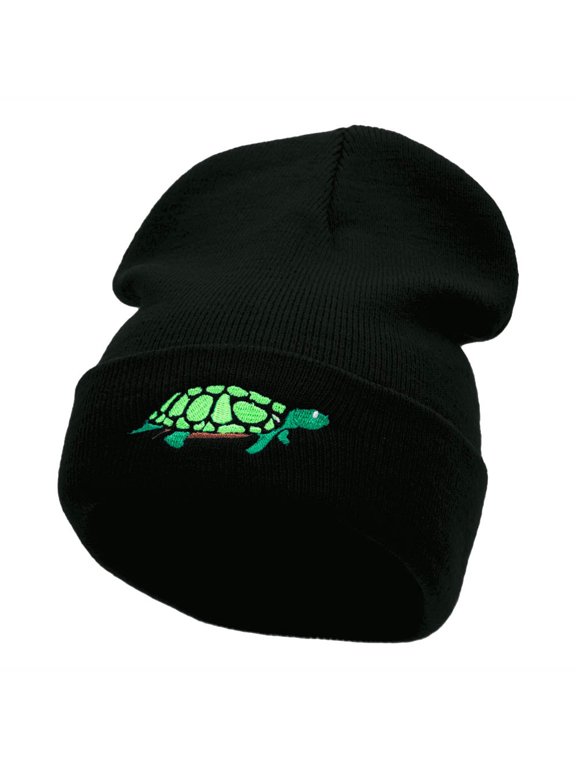 The Turtle Embroidered 12 Inch Long Knitted Beanie - Black OSFM