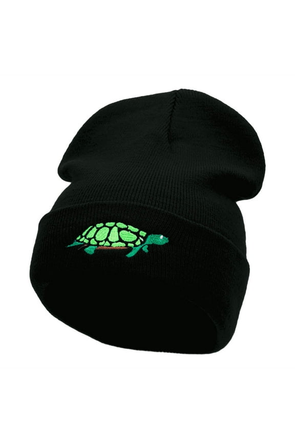 The Turtle Embroidered 12 Inch Long Knitted Beanie - Black OSFM