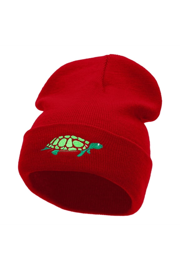 The Turtle Embroidered 12 Inch Long Knitted Beanie - Red OSFM