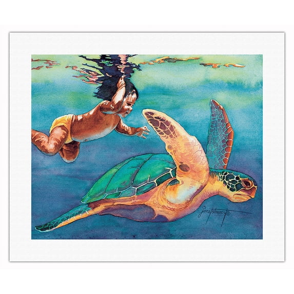 The Turtle Won’t Play (ʻAʻole Makemake Ka Honu E Pāʻani) - Hawaiian Child - From an Original Watercolor Painting by Janet Stewart - Fine Art Rolled Canvas Print (Unframed) 16in x 20in
