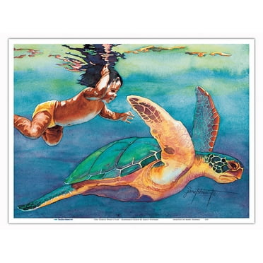 The Turtle Won’t Play (ʻAʻole Makemake Ka Honu E Pāʻani) - Hawaiian Child - From an Original Watercolor Painting by Janet Stewart - Master Art Print (Unframed) 9in x 12in