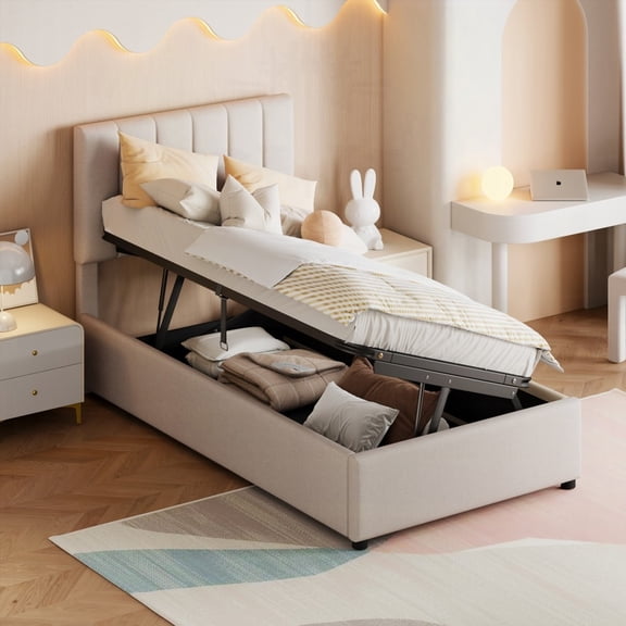 The Twin Size Bed Features a Sleek Vertical Stripe Headboard and Hydraulic Storage