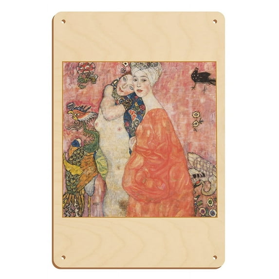 The Two Women Friends - From an Original Color Painting by Gustav Klimt c.1945 - 8 x 12 inch Vintage Wood Art Sign
