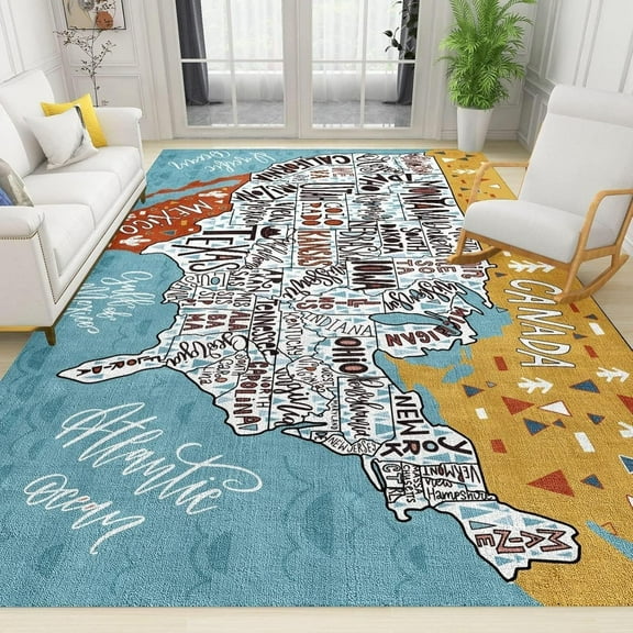 America Travel Map Area Rug 2'x3' Blue Cartoon United States Map Learning Educatio Rugs Soft Washable Easy Clean Indoor Carpet for Living Room Bedroom Student Room Decor