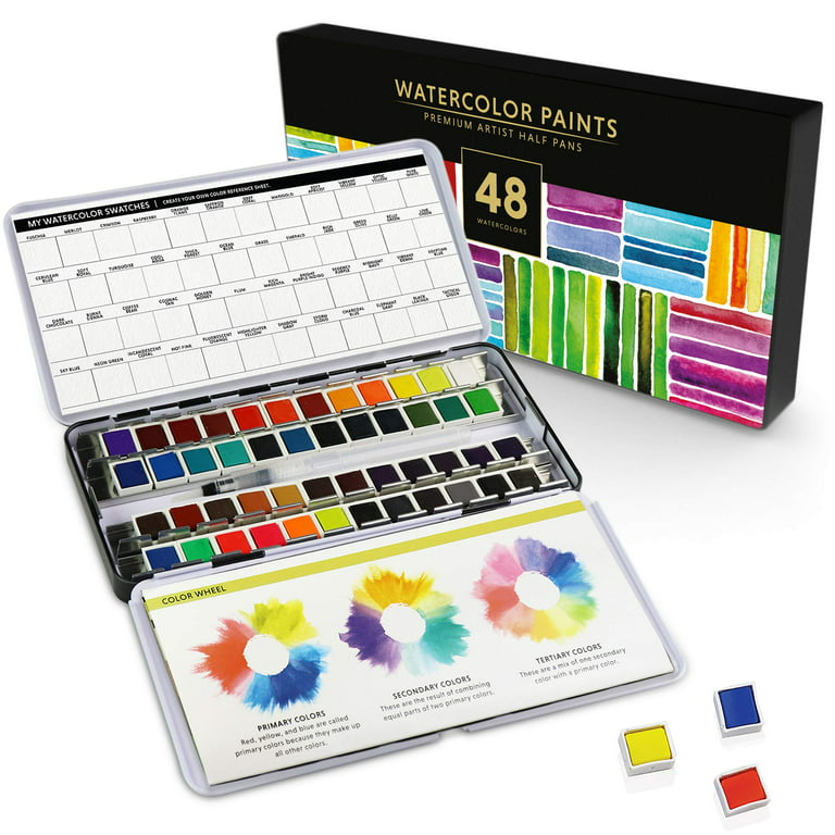 The Ultimate 48 Premium Watercolor Half Pan Set in Metal Palette with True  to Color Watercolor Paints, Refillable Water Brush, Technique Guide, and a