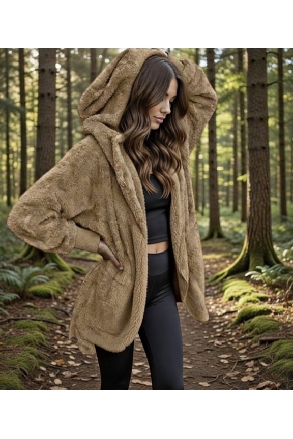 Hooded Open Front Cozy Fleece Blanket Jacket - Women Outtek