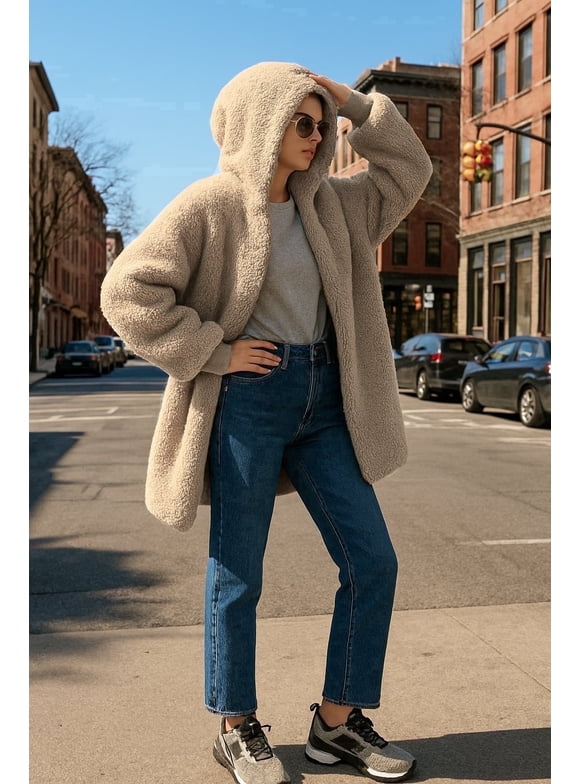Hooded Open Front Cozy Fleece Blanket Jacket - Women Outtek