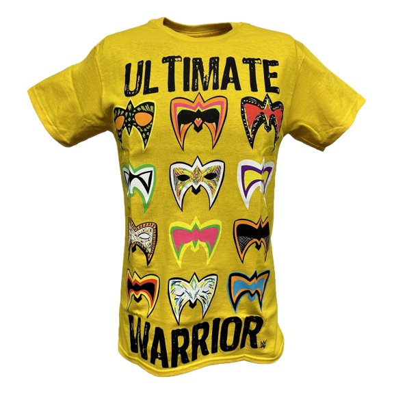 The Ultimate Warrior Multiple Masks Mens Yellow T-shirt  L