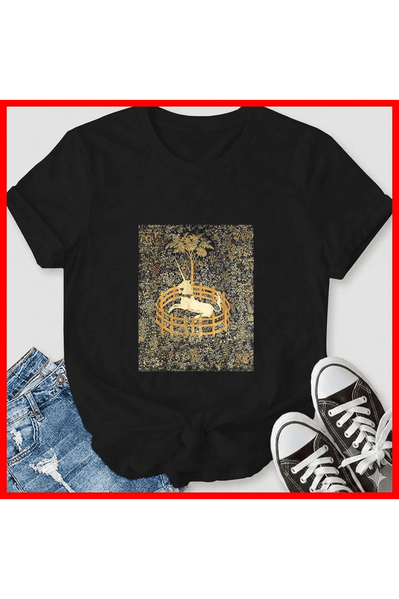 The Unicorn In Captivity Medieval Fantasy Tapestry Gothic Icon Unisex T-Shirt, up to size 5XL