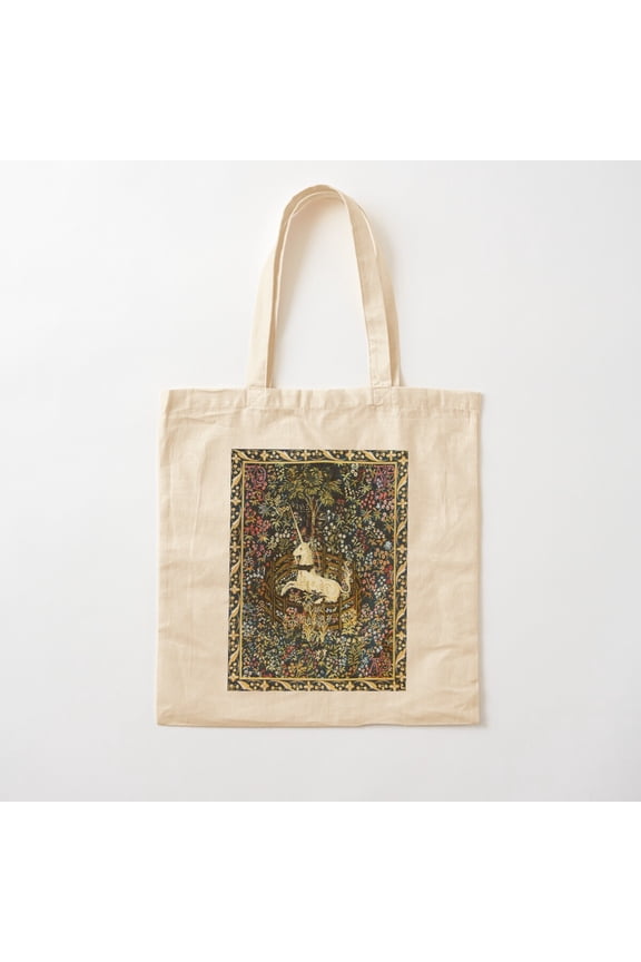 The Unicorn In Captivity Medieval Floral Tapestry Canvas Tote Bags, Reusable Shopping Bag