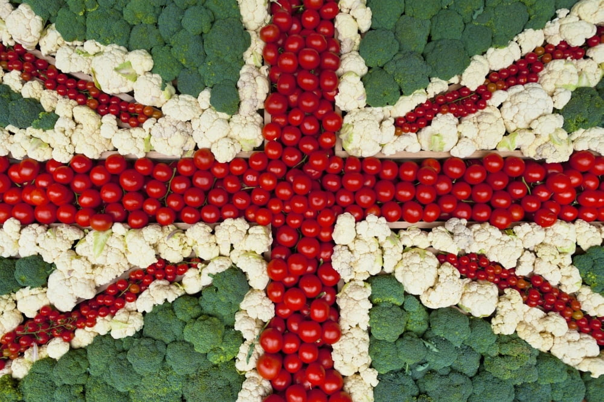 The Union Jack flag made with tomatoes cauliflower and broccoli England Canvas Art - Ian Cumming Design Pics (38 x 24)