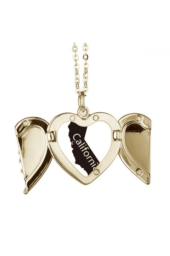 The United States California Map Outline Folded Wings Peach Heart Pendant Necklace