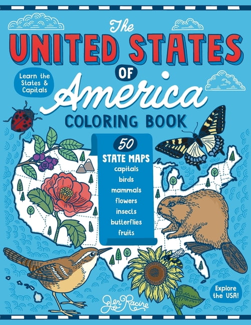 JEN RACINE The United States of America Coloring Book: Fifty State Maps with Capitals and Symbols like Motto, Bird, Mammal, Flower,, (Paperback)