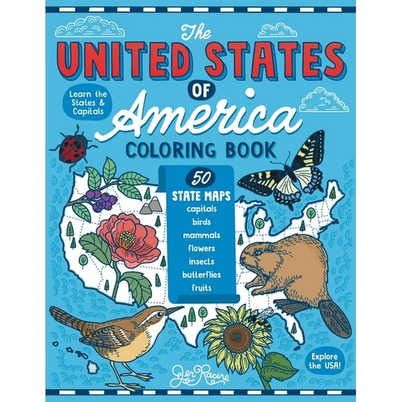The United States of America Coloring Book: Fifty State Maps with Capitals and Symbols like Motto, Bird, Mammal, Flower,, (Paperback)