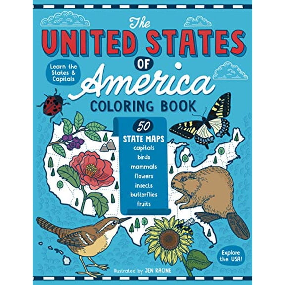 Pre-Owned The United States of America Coloring Book: Fifty State Maps with Capitals and Symbols like Motto, Bird, Mammal, Flower, Insect, Butterfly or Fruit (Explore the World Geography Coloring Books)