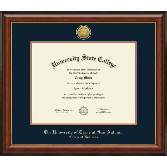 The University of Texas San Antonio College of Business Diploma Frame, Document Size 14" x 11"