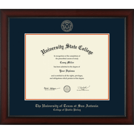 The University of Texas San Antonio College of Public Policy Diploma Frame, Document Size 14" x 11"