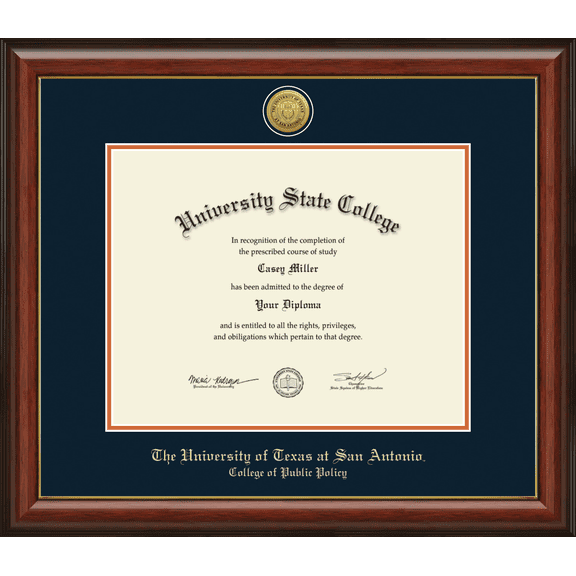 The University of Texas San Antonio College of Public Policy Diploma Frame, Document Size 14" x 11"