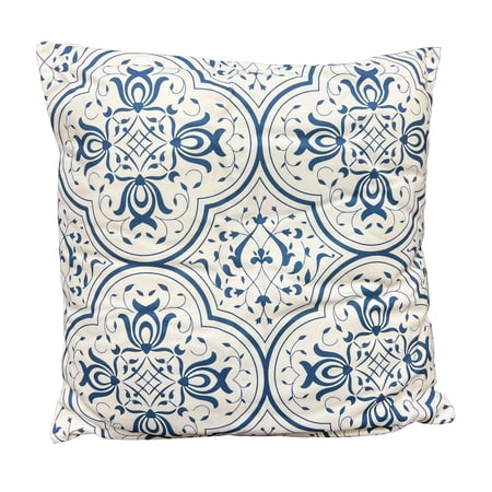 The Urban Port 17 x 17 Inch Decorative Square Cotton Accent Throw Pillow with Classic Damask Print, Blue and White