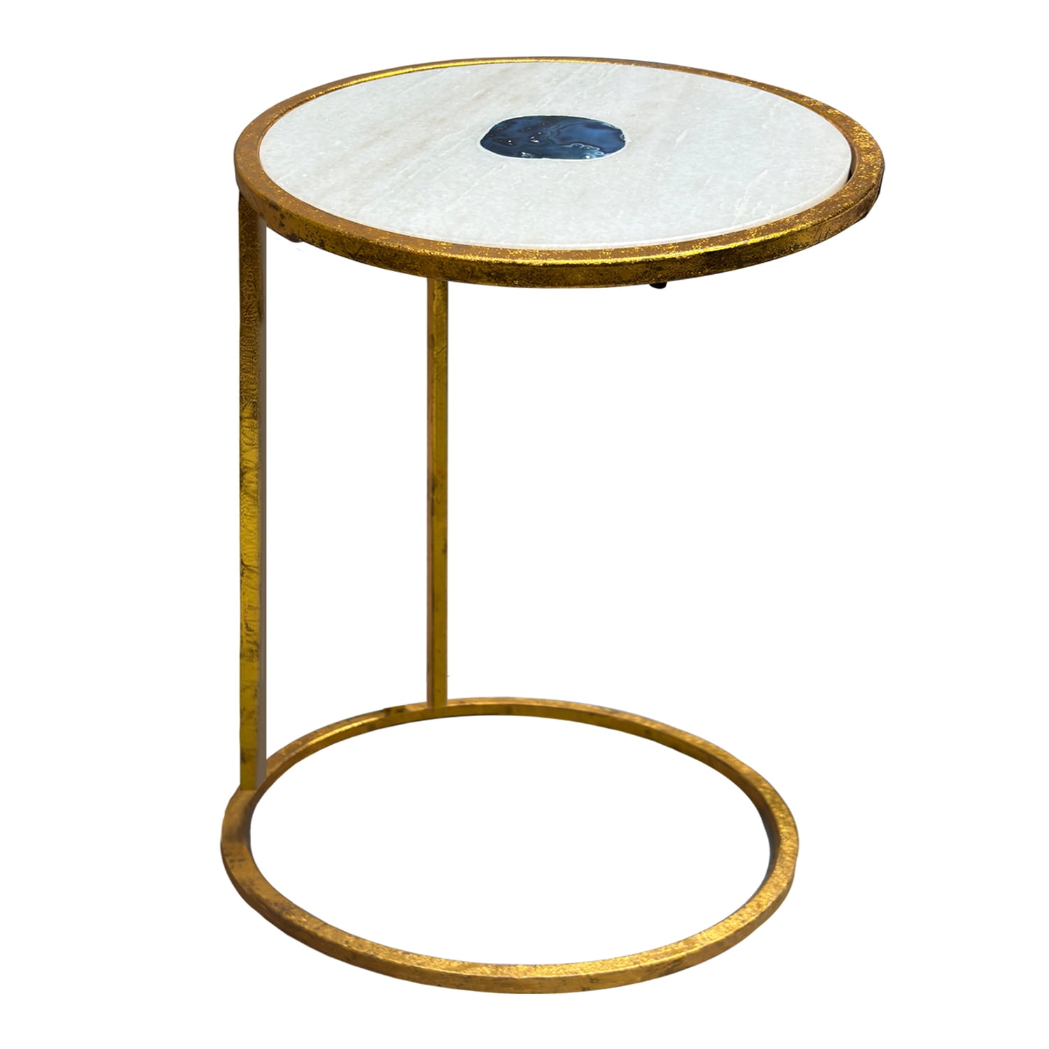 20 Inch Round Side End Table- White Marble Top with Blue Agate Stone Inlay