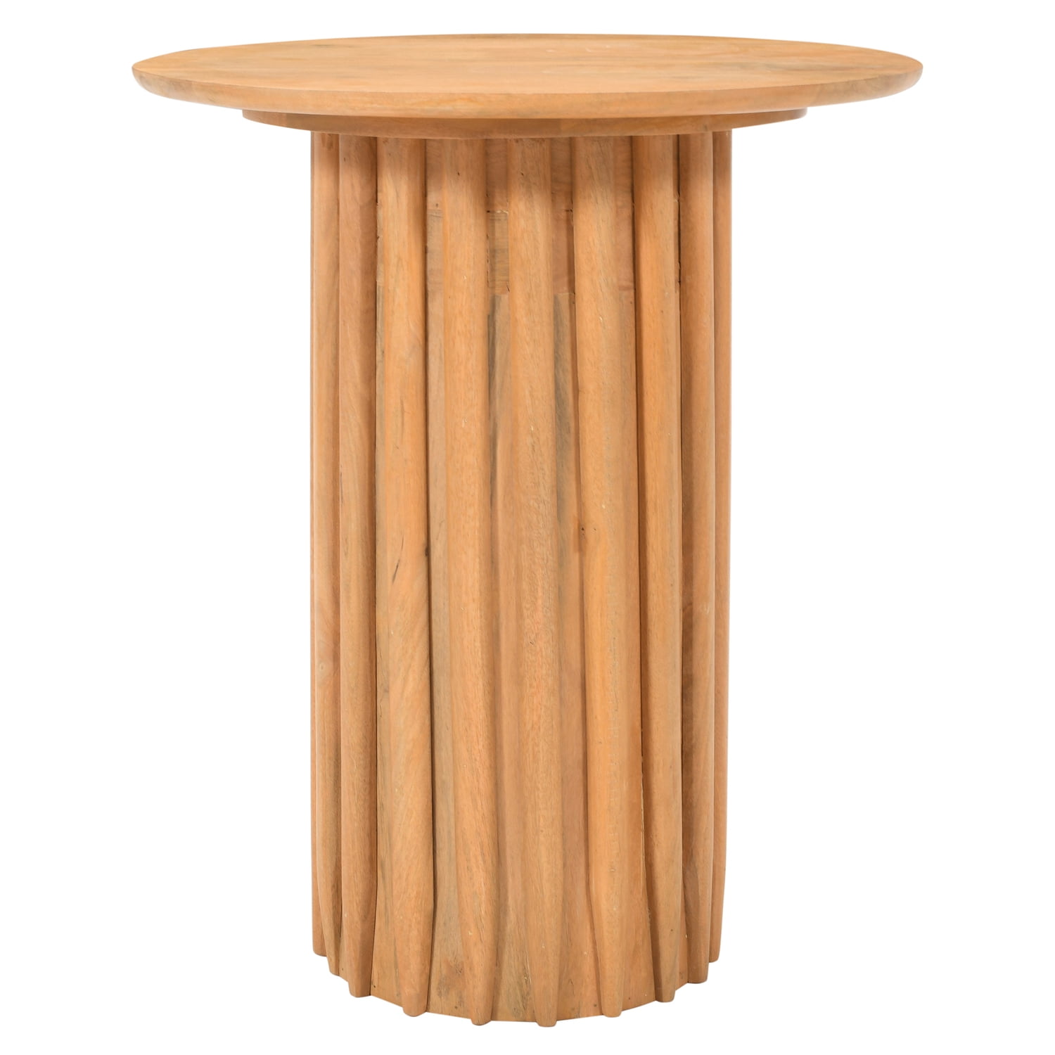 Light Brown Mango Wood Round Dinner Table with Ridged Plinth Base