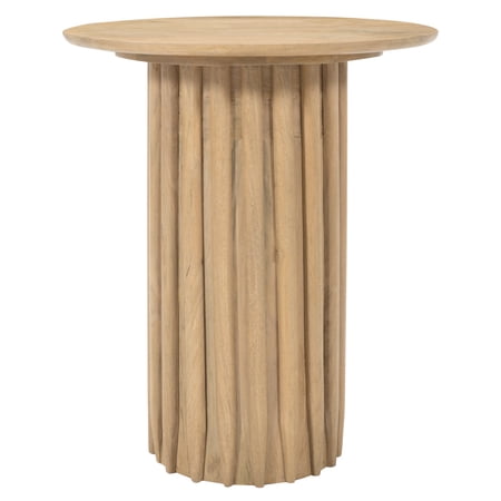 Side End Table- 20 Inch Round Top with Fluted Base in Natural Brown Mango Wood