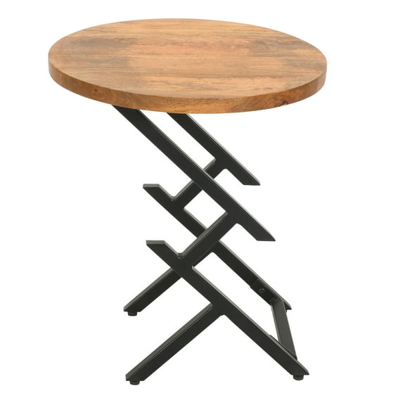 The Urban Port 23 Inch Side End Table, Natural Brown Round Wood Top, Modern Black Angled Iron Legs