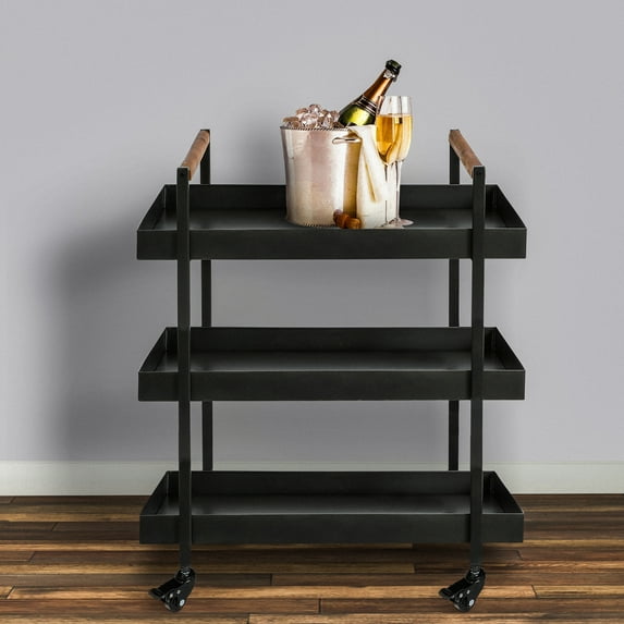 The Urban Port 3 Tier Bar Cart with Tray Shelves, Metal Frame, and Raised Edges, Black
