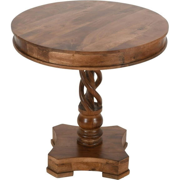 The Urban Port 30-Inch Handcrafted Round Mango Wood Dinette Dining Table, Artisanal Twisted Pedestal Base, Walnut Brown
