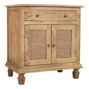 Benjara 30 NightStand Table- Rattan Cabinet Doors & Drawer -Brown Mango Wood
