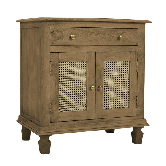 The Urban Port 30 Inch Nightstand Table, Rattan Cabinet Doors and Drawer Fronts, Sandblasted Brown Mango Wood