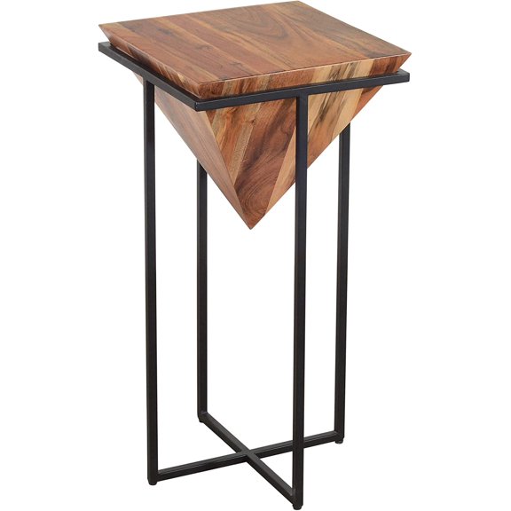 The Urban Port 30-Inch Pyramid Shape Wooden Side Table with Cross Metal Base, Brown and Black