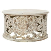 Alina Coffee Table Handcrafted Mango Wood Floral Carved Cut Out Design 33 Inch
