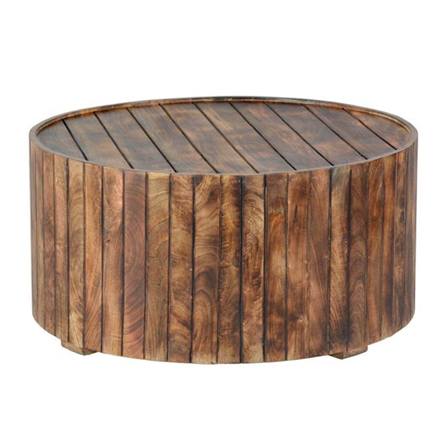 Burned Brown Mango Wood 34" Round Coffee Table with Plank Design