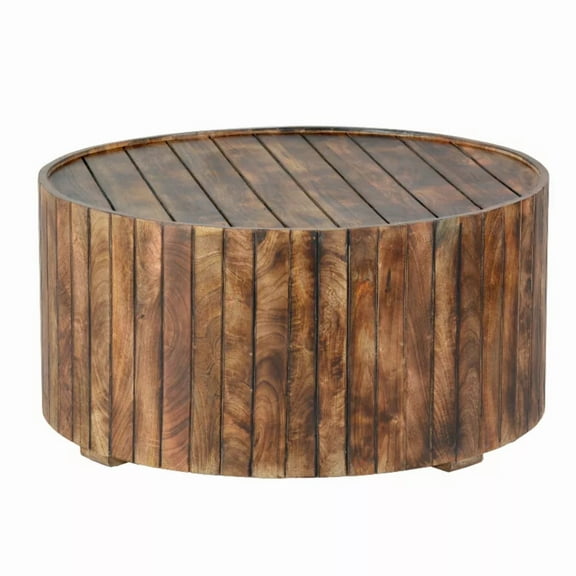 The Urban Port 34" Round Modern Wood Coffee Table with Plank Design Burned Brown