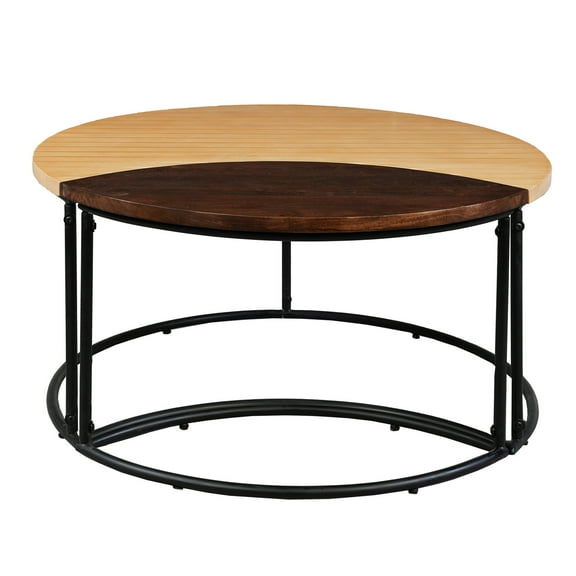 The Urban Port 35 Inch 2 Piece Coffee Table with Black Iron Frame, 2 Tone Mango Wood Top In Natural Brown and Walnut