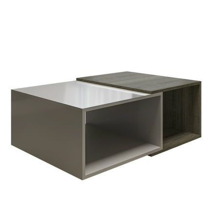 The Urban Port 35 Inch Contemporary 2 Tone Wood Coffee Table, 2 Open Compartments, Light Gray, Cream