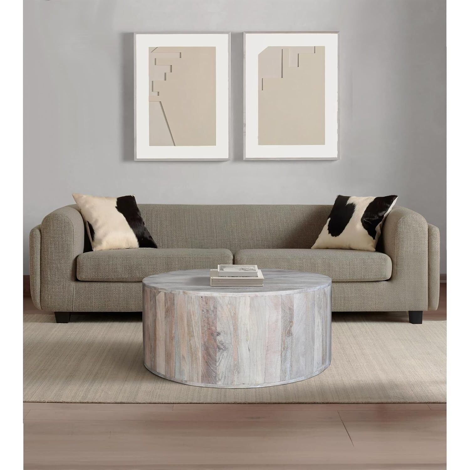 36" Round White Washed Mango Wood Lift-Top Coffee Table