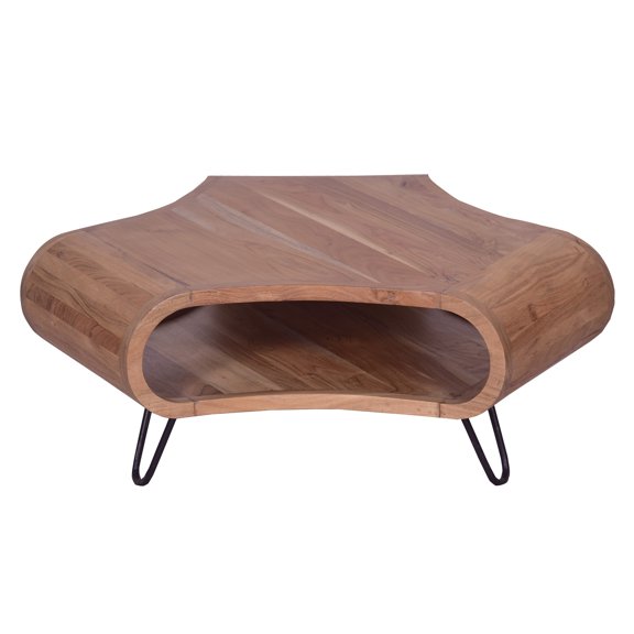 37 Inch Coffee Table- Handcrafted Curved Hexagon Shape with Open Shelf