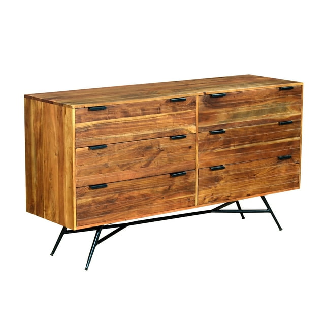 The Urban Port 58 Inch Acacia Wood Sideboard with 6 Drawers and Iron Base, Brown